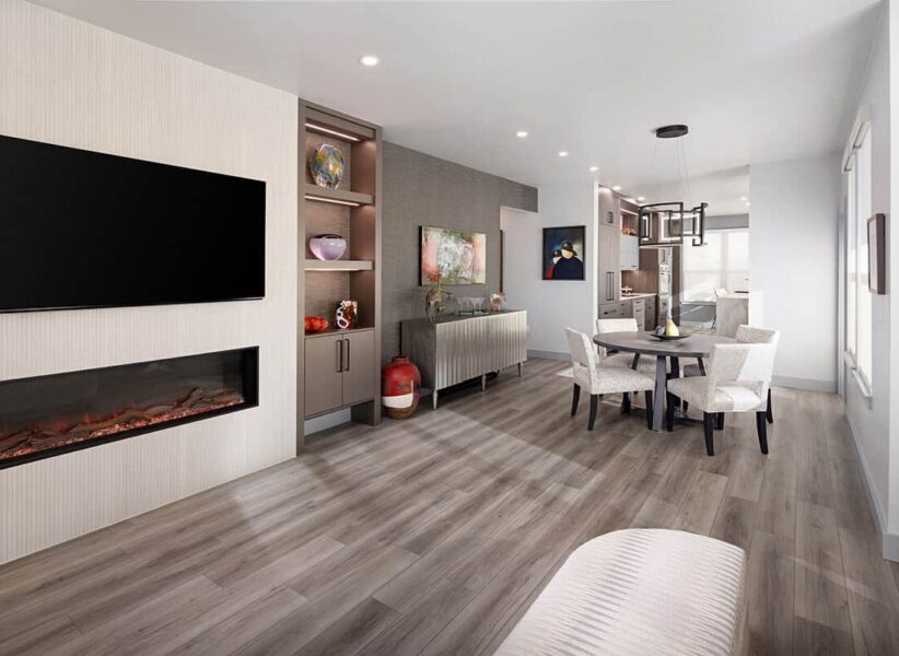hero image of open concept first floor home with flat screen TV, gas fireplace, dining table seating four, and kitchen with a lot of counter space ONE Residential Builders Denver