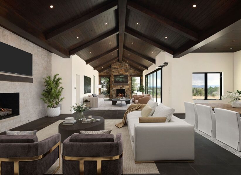 living room, dining room, and sitting area in open concept home with contemporary dark roof, nano doors, and off-white walls ONE Residential Builders Denver