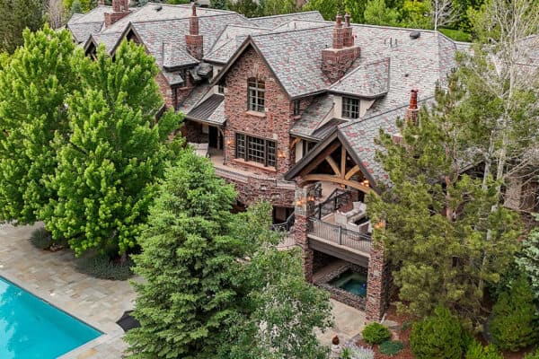 partial view of backyard and pool at large home in Greenwood Village, Colorado ONE Residential Builders Denver
