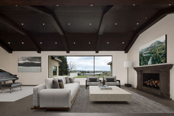 contemporary living area with block marble table, fireplace, dark wood ceiling and piano ONE Residential Builders Denver