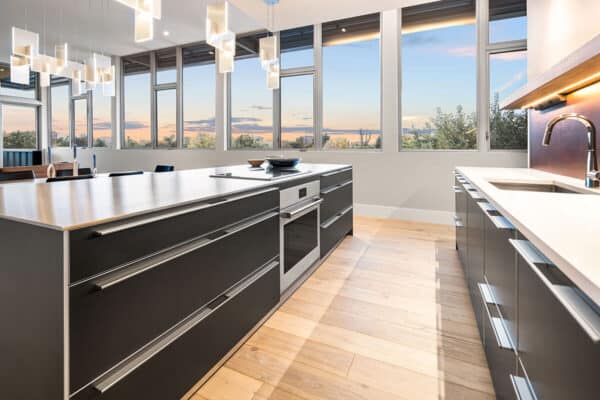 ultra modern kitchen with unique cabinet handles and windows ONE Residential Builders Denver