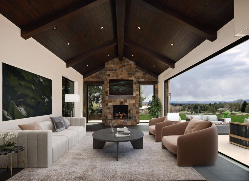 hero cropped image of contemporary home with stone fire place and nano doors open to the beautiful views ONE Residential Builders Denver