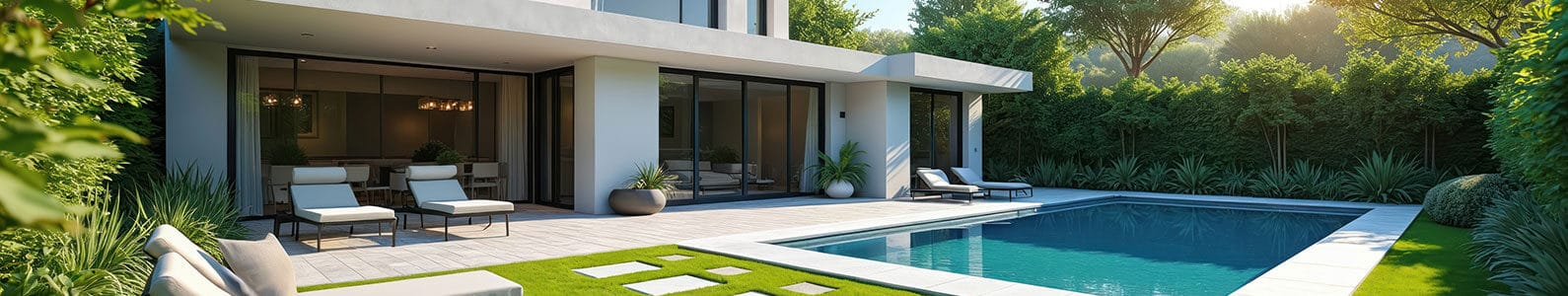 backyard of modern home with grass and pool ONE Residential Builders Denver